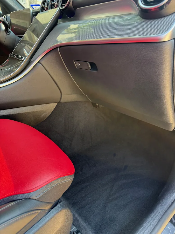 Detailed red and black vehicle cabin